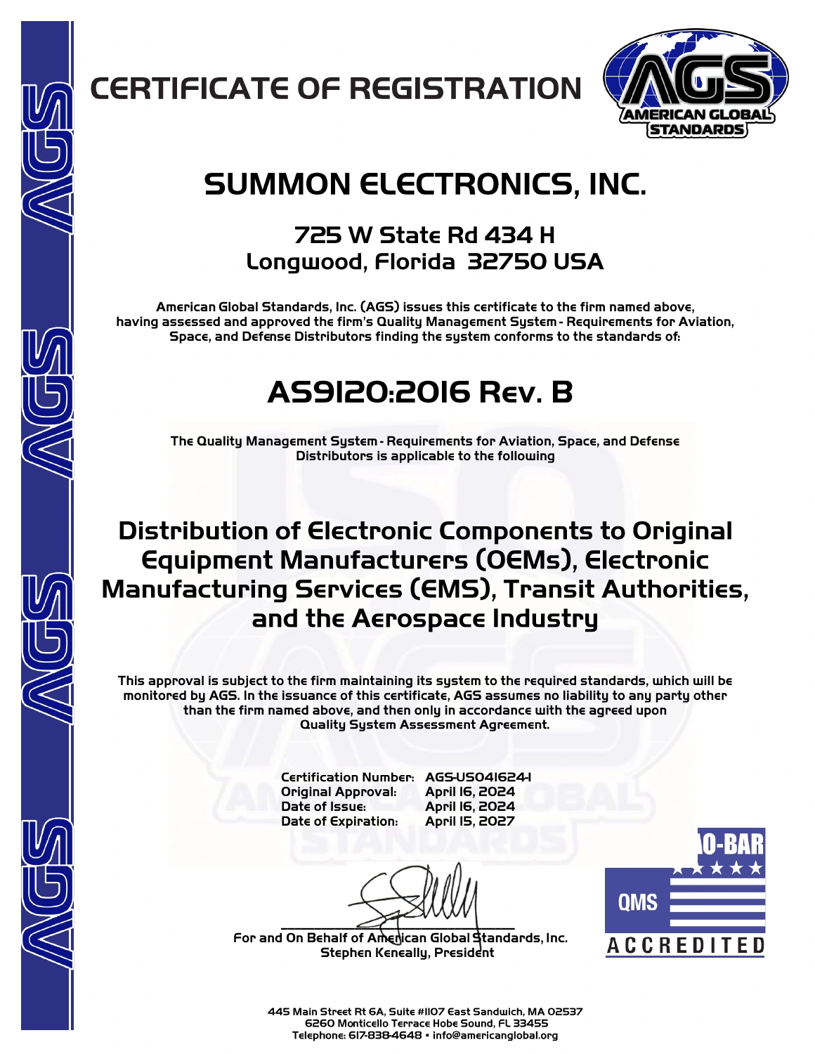 Summon Electronics, Inc. AS9120:2016 Rev. B certificate issued by American Global Standards; certificate AGS-US041624-1, expires April 15, 2027