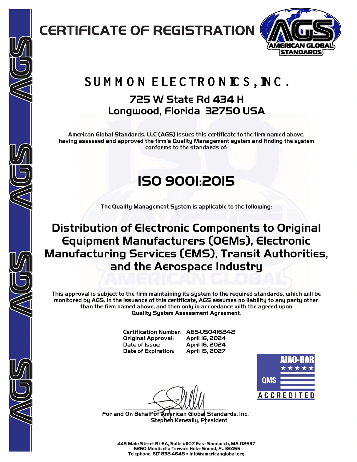 Summon Electronics, Inc. ISO 9001:2015 certificate issued by American Global Standards; certificate AGS-US041624-2, expires April 15, 2027