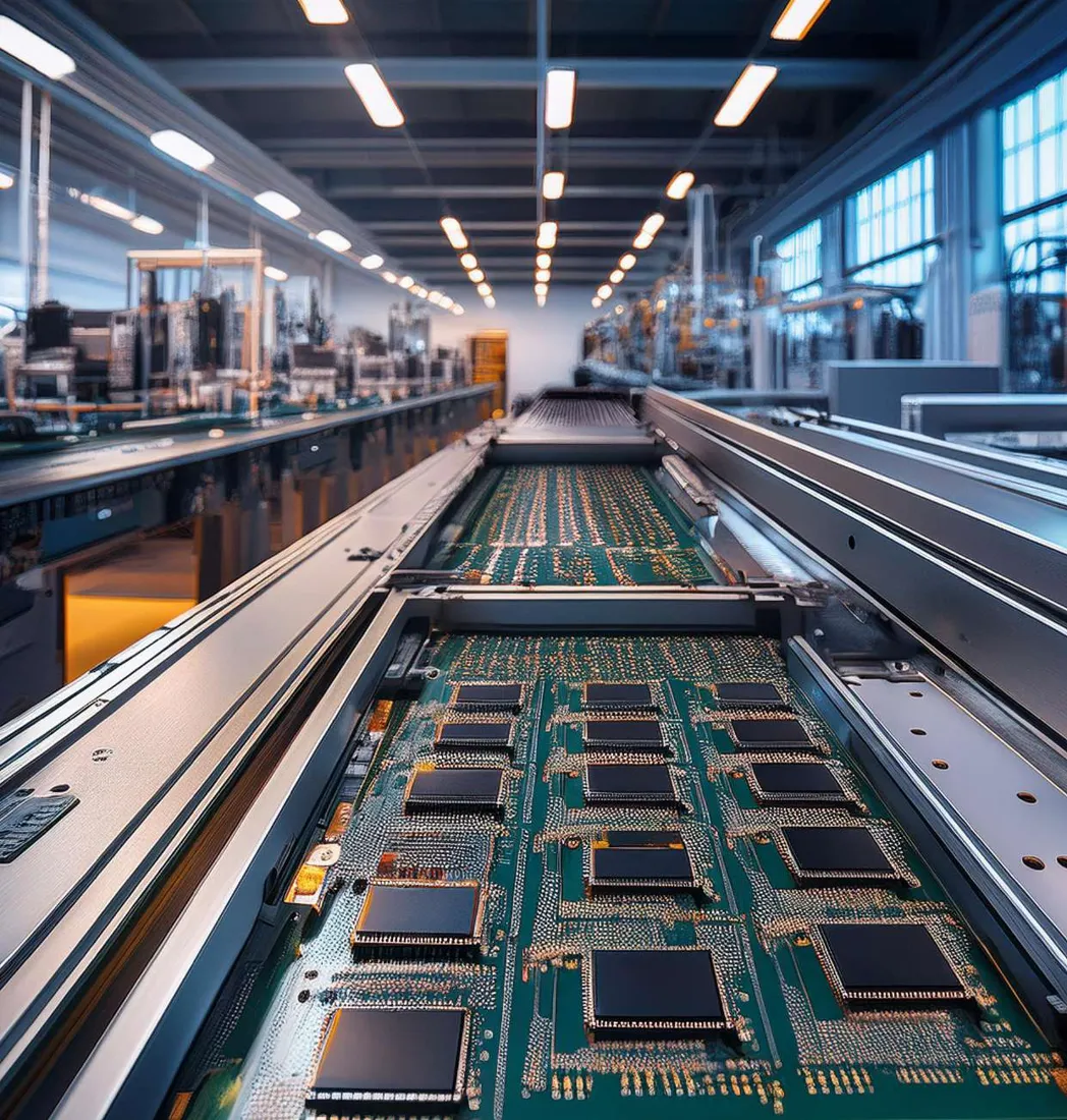 Printed circuit boards moving along an assembly line